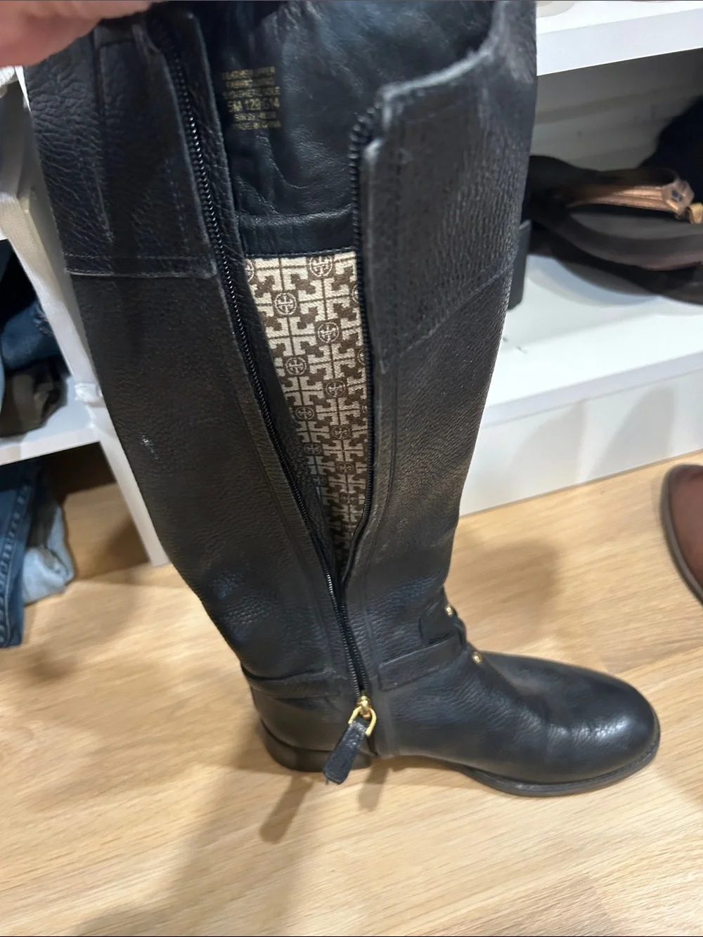 Tory Burch Black Leather Knee-High Logo Riding Boots